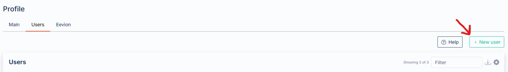 The Quantev Users page with the New User button above the user table