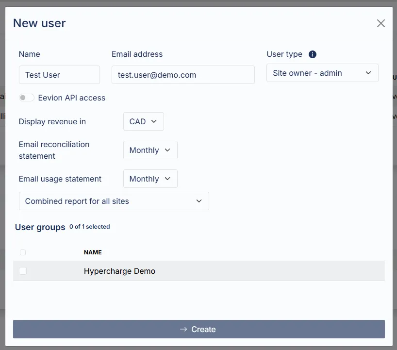 The New User form in Quantev for entering a user’s details