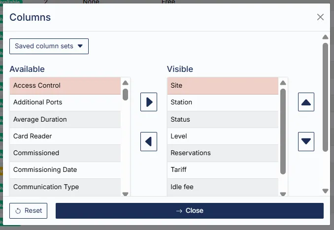 The Column selection tool showing the Available and Visible field lists
