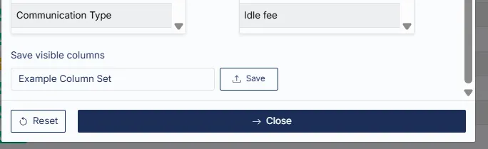 The column selection window with a name entered and the Save button for storing a column set