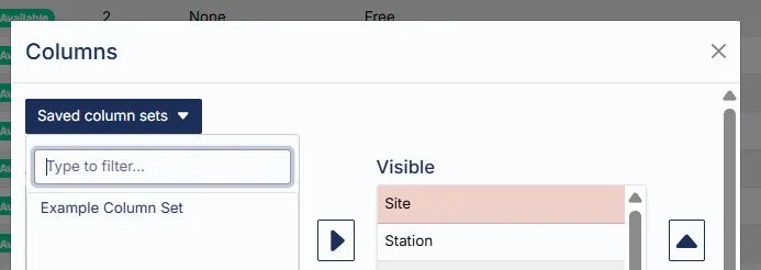 The Saved Column Sets dropdown listing previously saved column sets