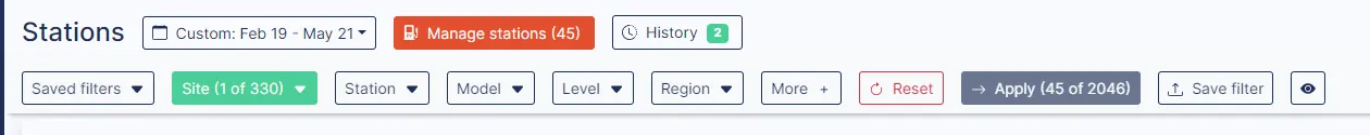 The Stations page with filters at the top and the Manage Stations option