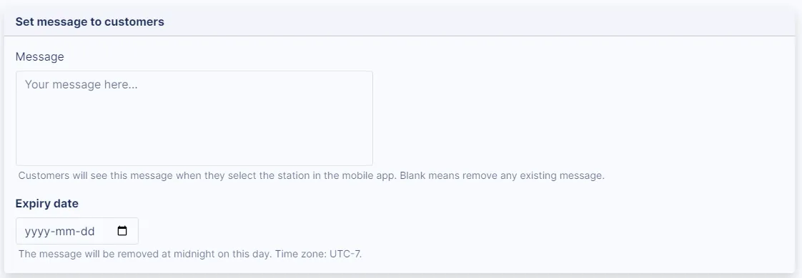 The Set message to customers command for showing a message to drivers in the app