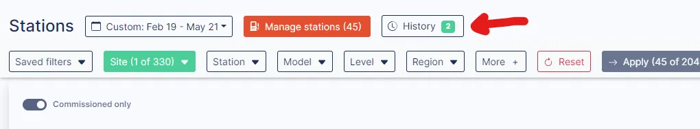 The management history opened from the History button at the top of the Stations page