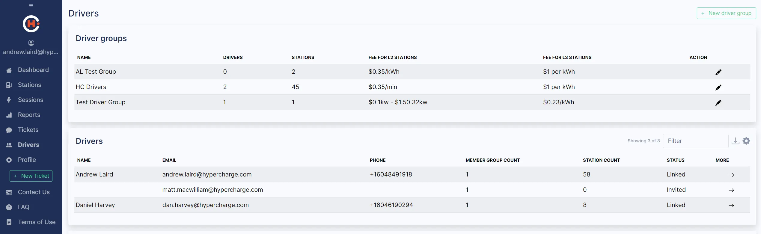 The Drivers page in Quantev where driver groups are configured