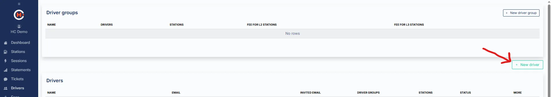 The Drivers page with the New Driver button above the drivers table