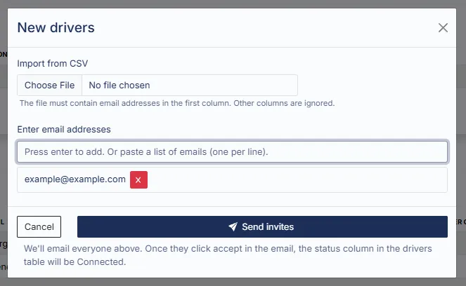 The New Driver dialog with an entered email address shown below the input field