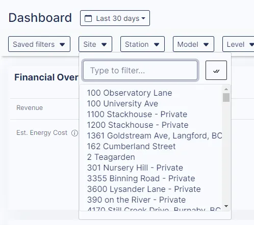 The Sites filter at the top of a Quantev page listing your sites