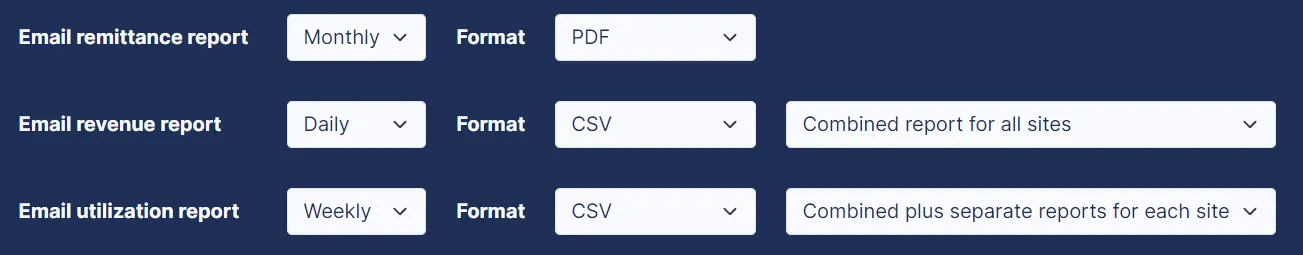 The Statements page options for emailing each available report