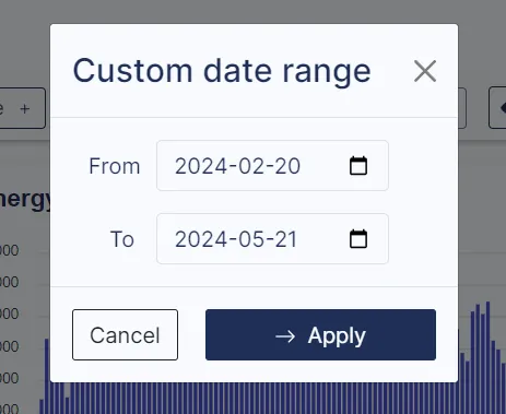 The custom date range picker for setting start and end dates