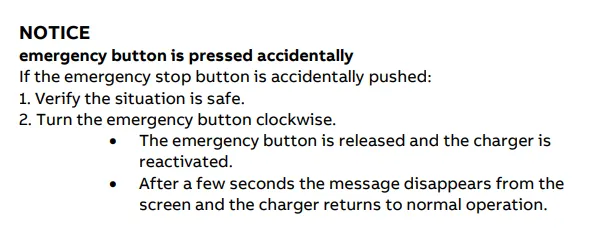 Illustrated instructions for resetting the emergency stop (E-stop) button on an ABB charging station