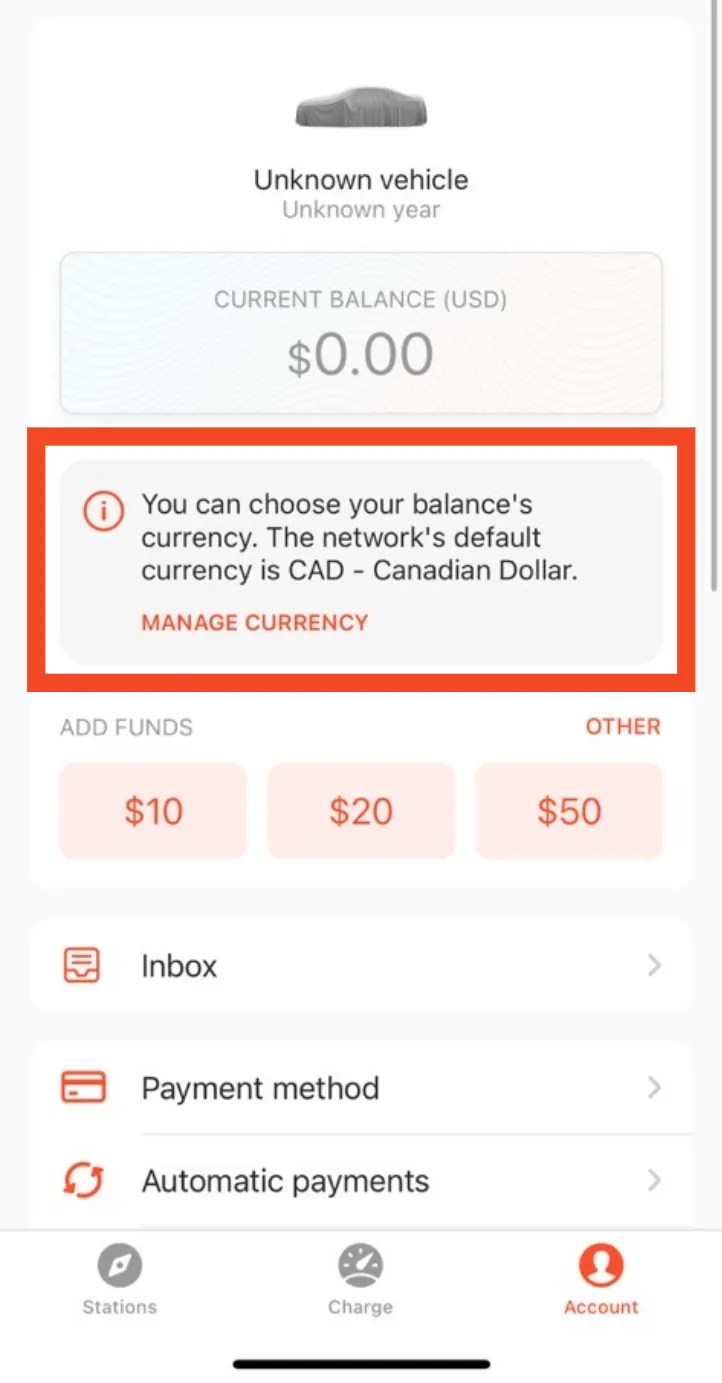 The Account page in the Hypercharge app showing the Manage Currency option