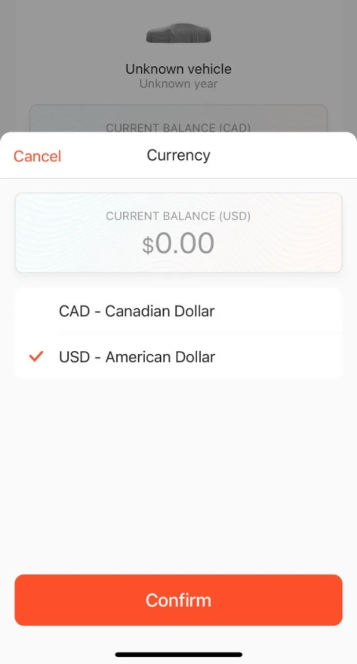 The Manage Currency screen for selecting CAD or USD