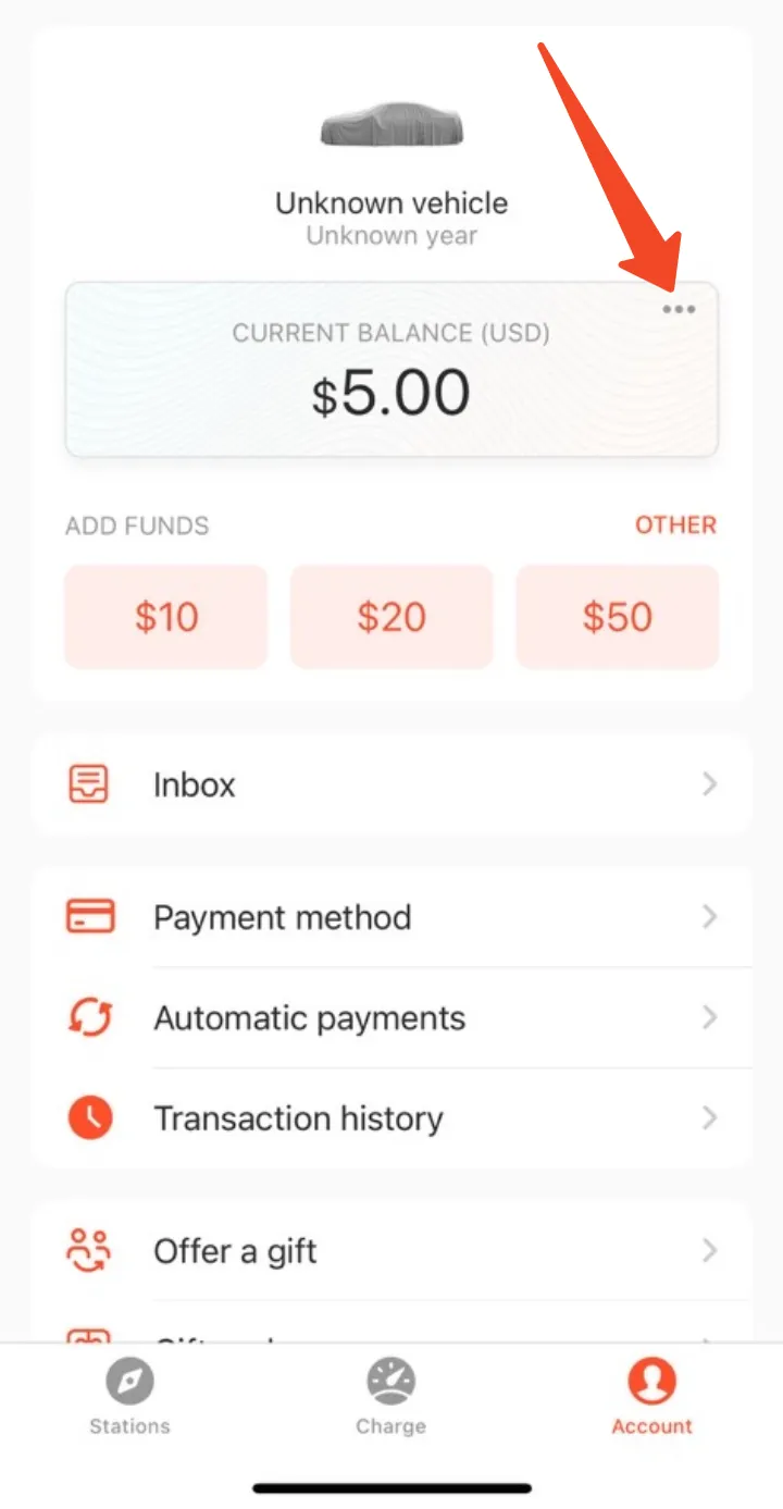 The Account page with the three-dot icon beside the account balance