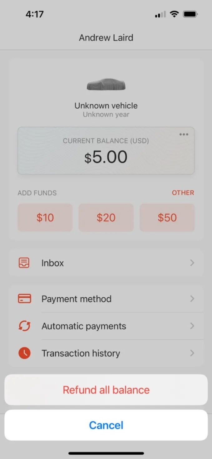 The menu with the Refund all balance option