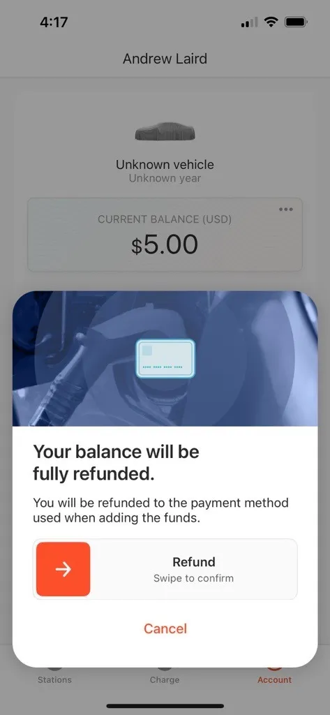 The refund confirmation screen with a slider to confirm the refund