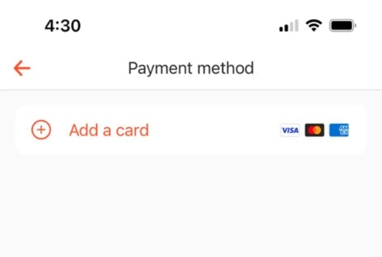 The Payment Methods screen with the Add a card button