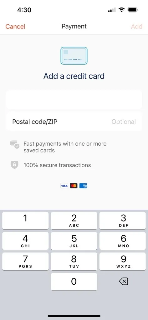 The card details form with the Add button in the upper right