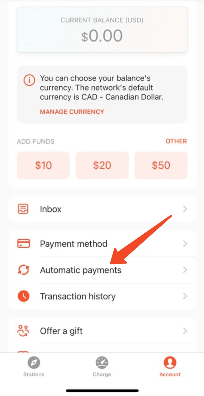 The Account page in the Hypercharge app with the Automatic Payments option